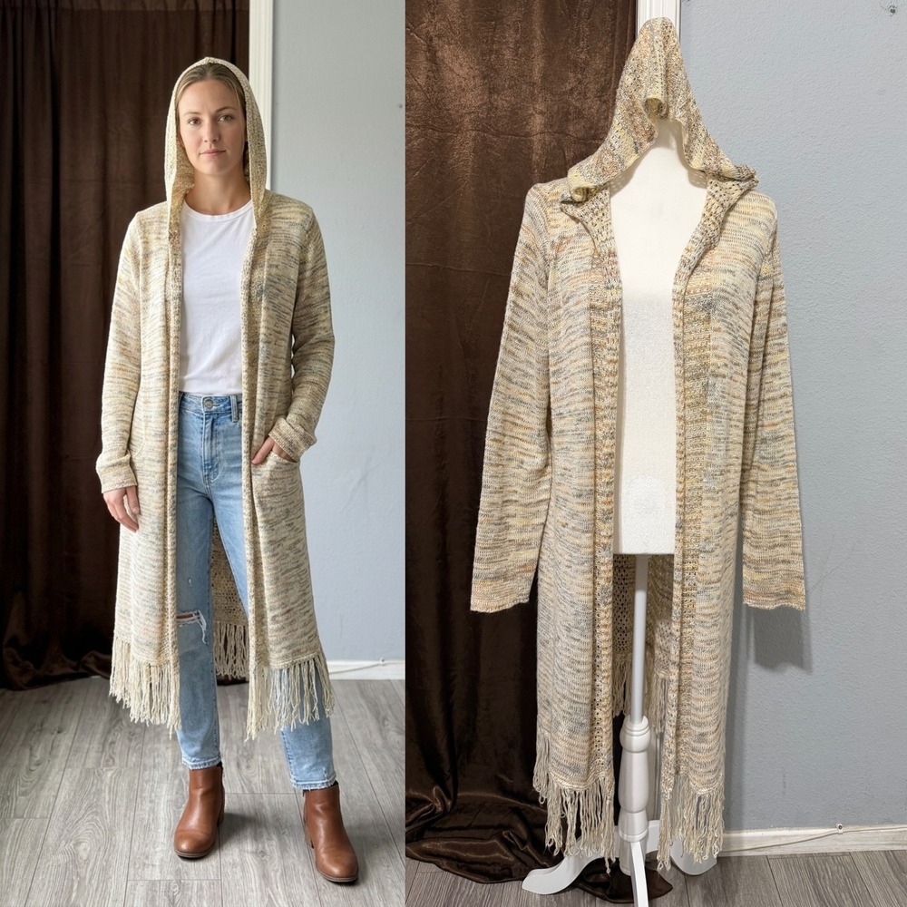 Bohemian Womens XL‎ Hooded Duster Cardigan Space Dye Fringe Open Knit Tan Hippie